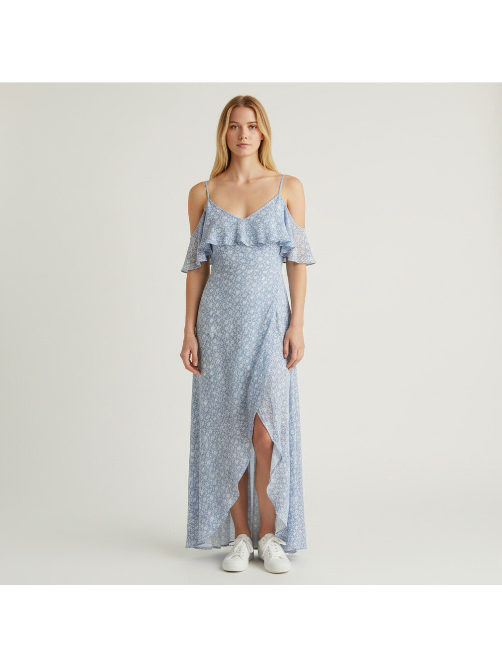 Rewind Dress Women L Large Blue Geometric Maxi Long Cold Shoulder Short Sleeve